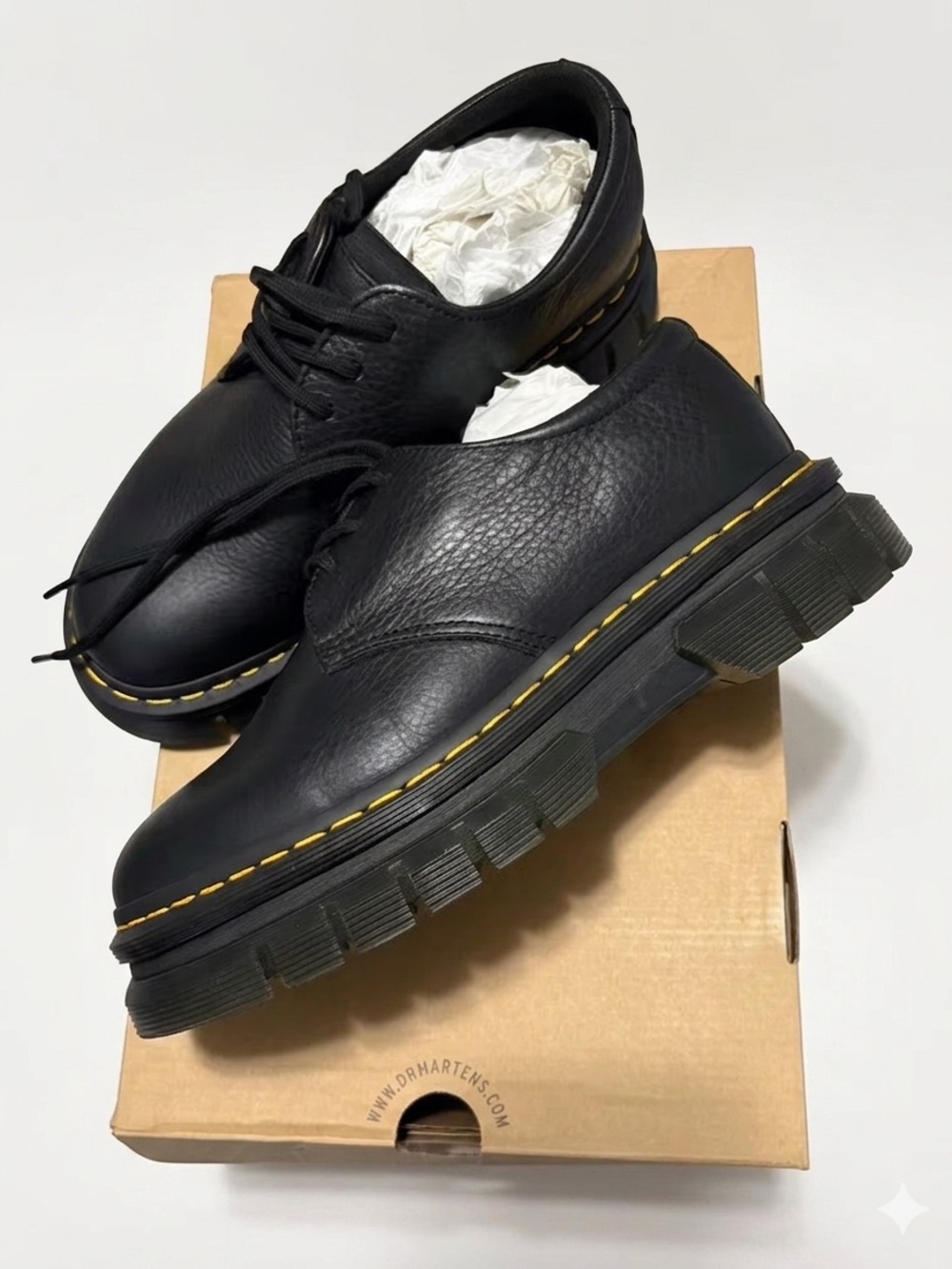 Dr. Martens Black Leather Lace-Up Shoe with Yellow Welt Stitching